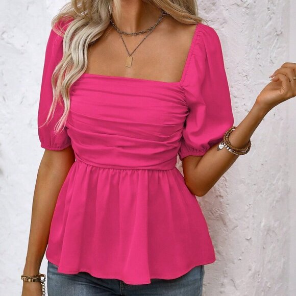 Hot Pink Casual Women's Summer Solid Color Square Neck Short Puff Sleeves Shirt - Picture 5 of 7
